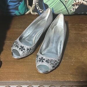 ANTONIO MELANI Silver Embellished Peep-Toe Wedges